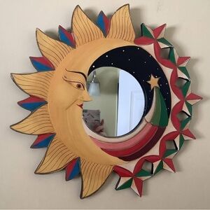 Vintage 90s Whimsigoth Sun Moon Stars Hand Painted Wood Mirror 16”